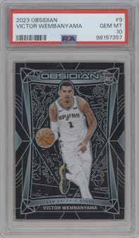 Victor Wembanyama from the 2023-24 Panini Obsidian set graded by PSA and given an overall grade of 10.