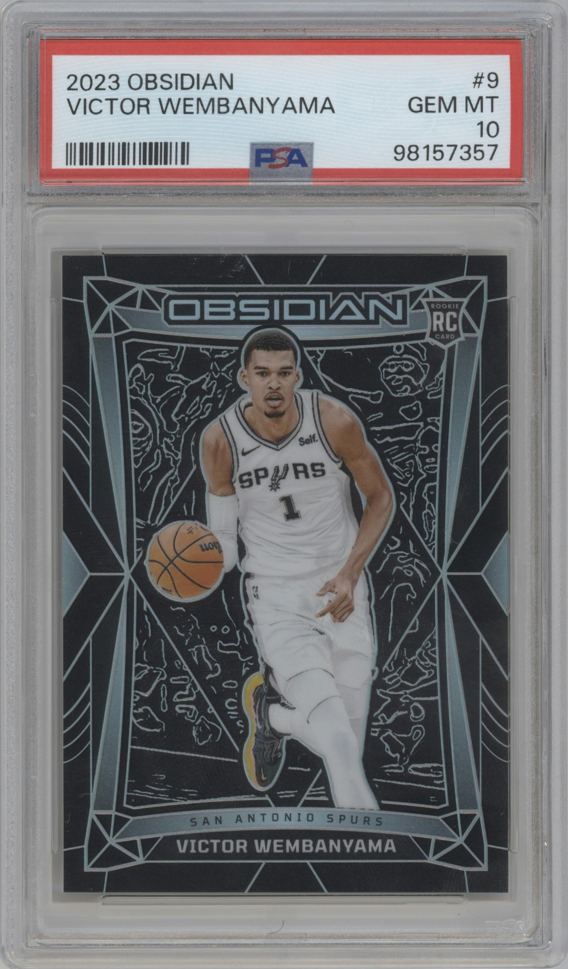 Victor Wembanyama from the 2023-24 Panini Obsidian set graded by PSA and given an overall grade of 10.
