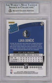Luka Doncic from the 2018-19 Panini Donruss Optic set featuring a Fast Break Gold parallel graded by Beckett and given an overall grade of 9.
