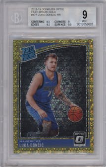 Luka Doncic from the 2018-19 Panini Donruss Optic set featuring a Fast Break Gold parallel graded by Beckett and given an overall grade of 9.