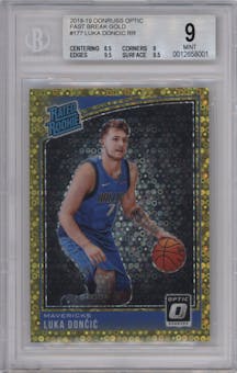 Luka Doncic from the 2018-19 Panini Donruss Optic set featuring a Fast Break Gold parallel graded by Beckett and given an overall grade of 9.