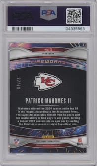 Patrick Mahomes II from the 2024 Panini Prizm set featuring a Purple Power Prizm parallel graded by PSA and given an overall grade of 9.