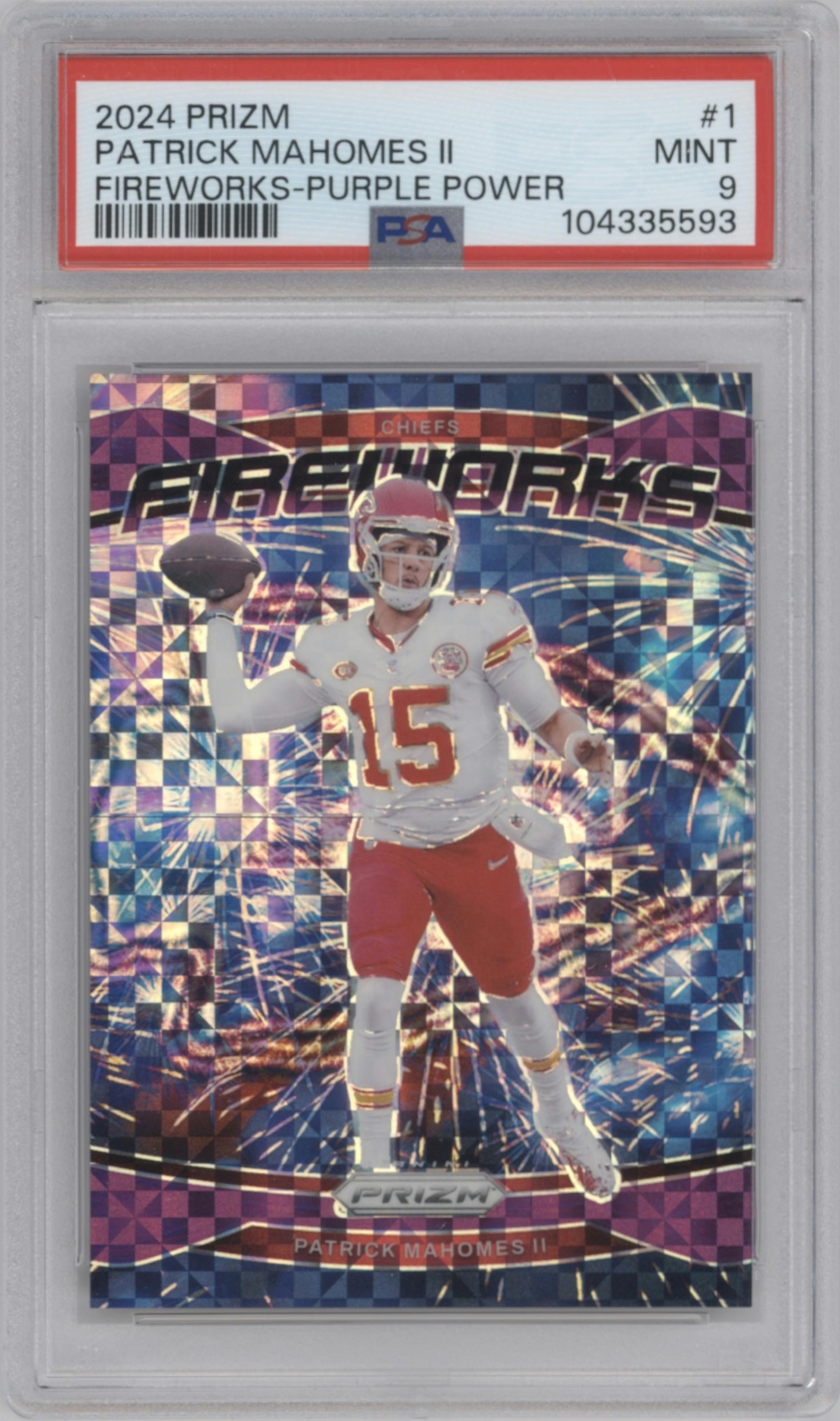 Patrick Mahomes II from the 2024 Panini Prizm set featuring a Purple Power Prizm parallel graded by PSA and given an overall grade of 9.