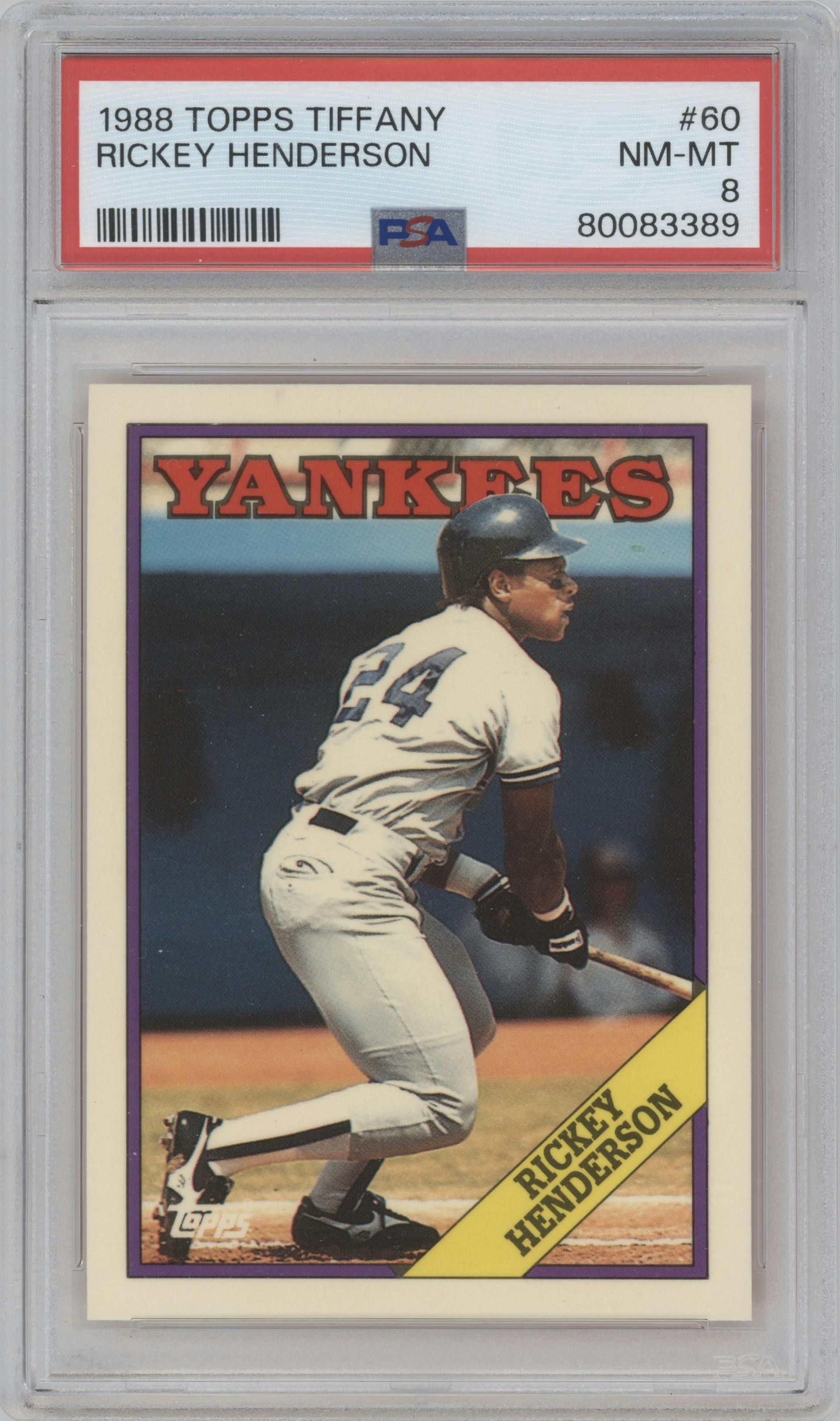 Rickey Henderson from the 1988 Topps set featuring a Tiffany parallel graded by PSA and given an overall grade of 8.