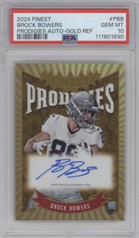 Brock Bowers from the 2024 Finest set featuring a Gold Ref. parallel graded by PSA and given an overall grade of 10.