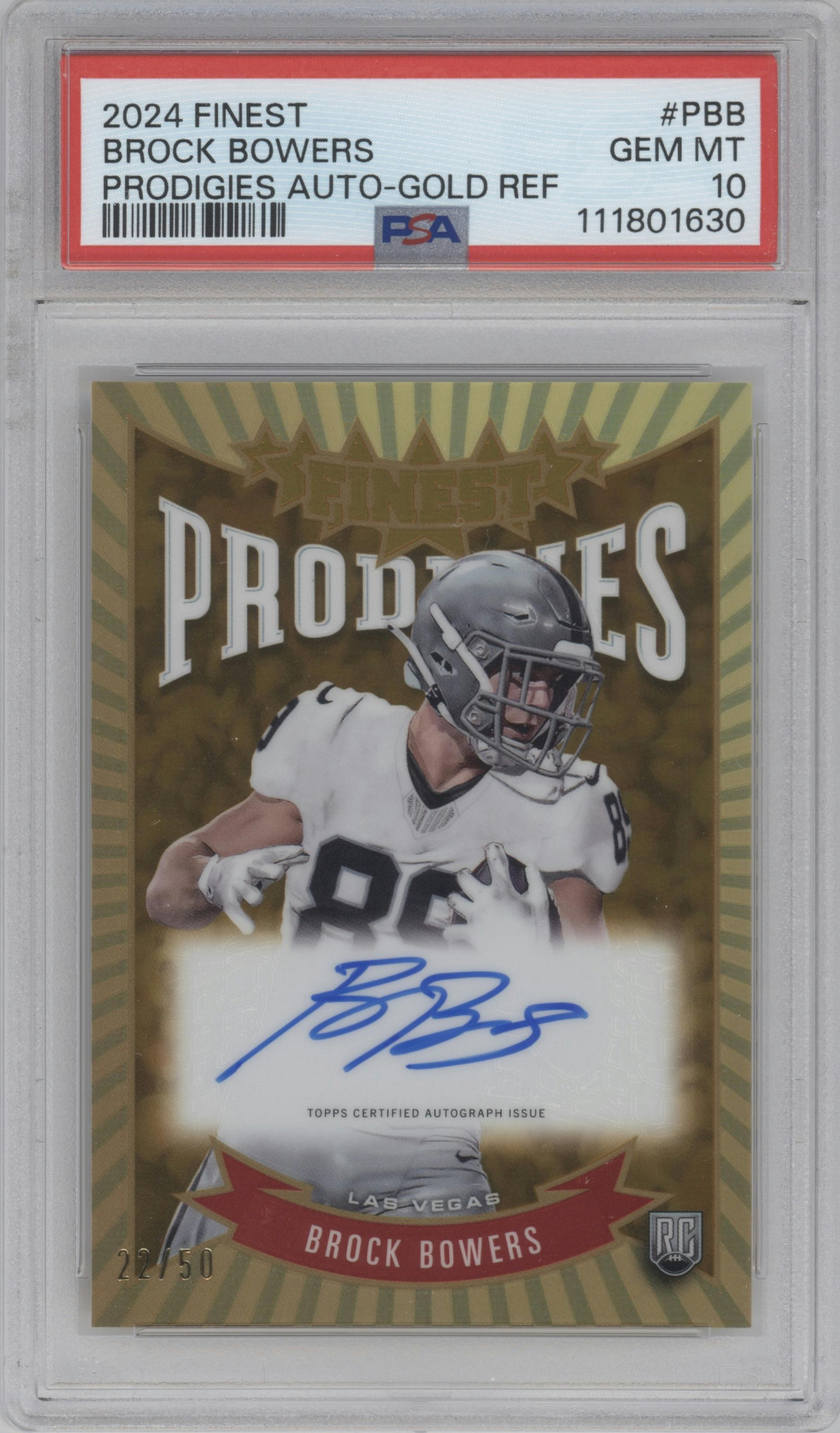 Brock Bowers from the 2024 Finest set featuring a Gold Ref. parallel graded by PSA and given an overall grade of 10.