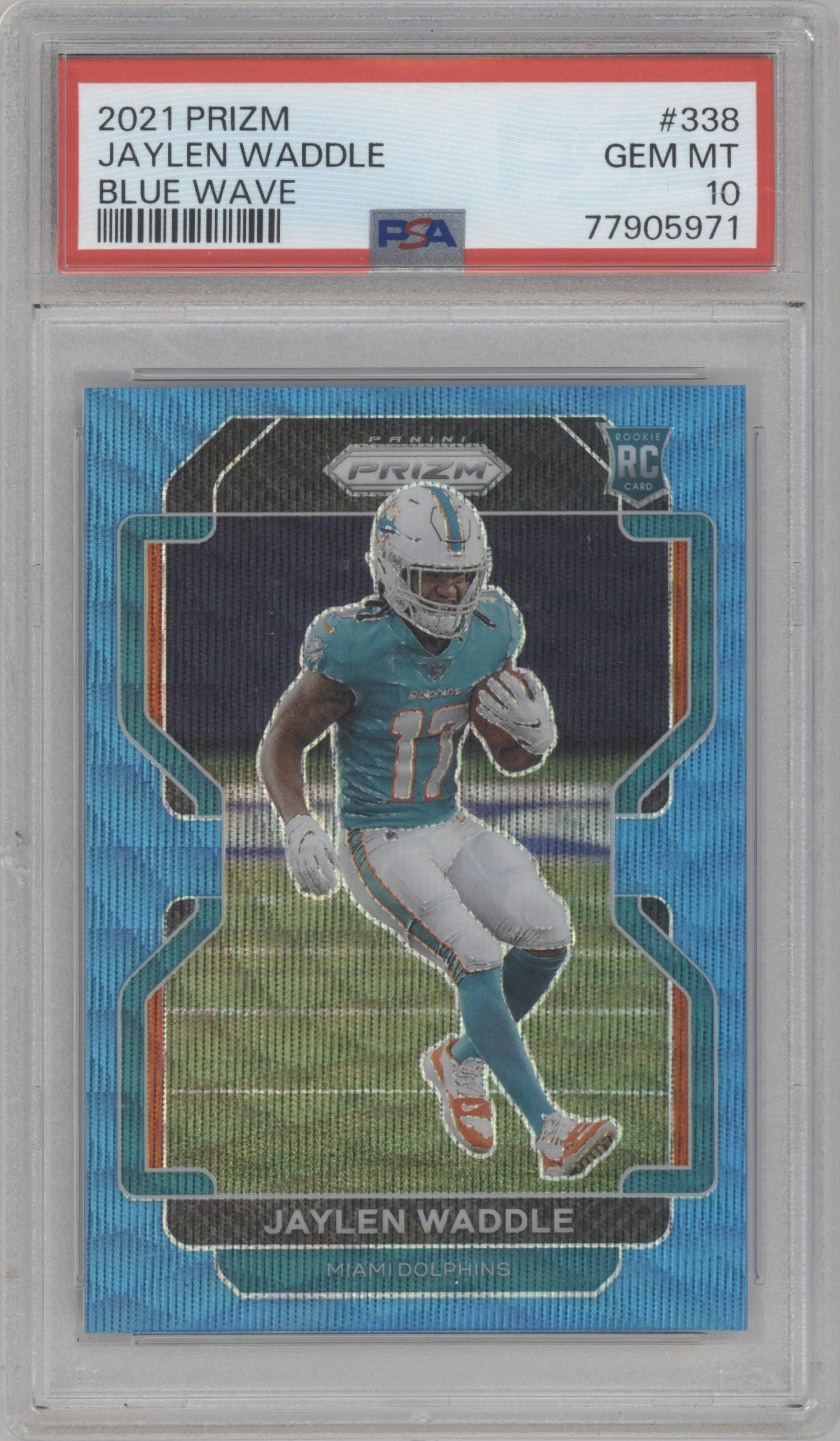 Jaylen Waddle from the 2021 Panini Prizm set featuring a Blue Wave parallel graded by PSA and given an overall grade of 10.
