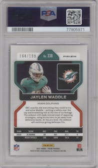Jaylen Waddle from the 2021 Panini Prizm set featuring a Blue Wave parallel graded by PSA and given an overall grade of 10.