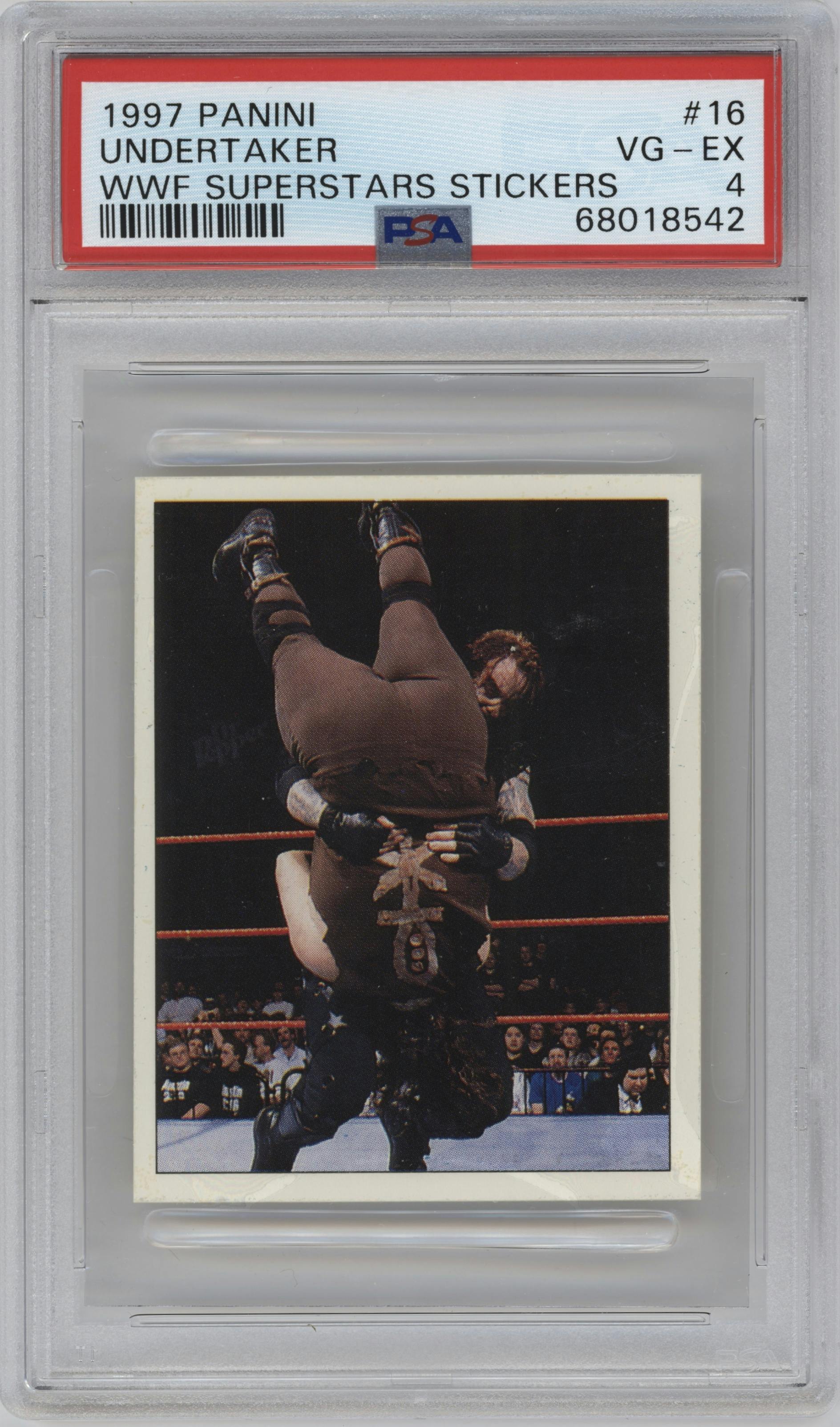 Undertaker/Mankind from the 1997 Panini WWF Superstars Stickers set graded by PSA and given an overall grade of 4.