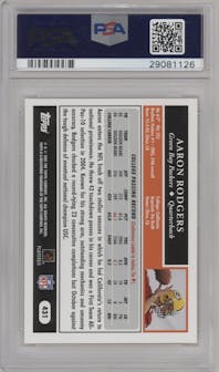 Aaron Rodgers from the 2005 Topps set graded by PSA and given an overall grade of 10.