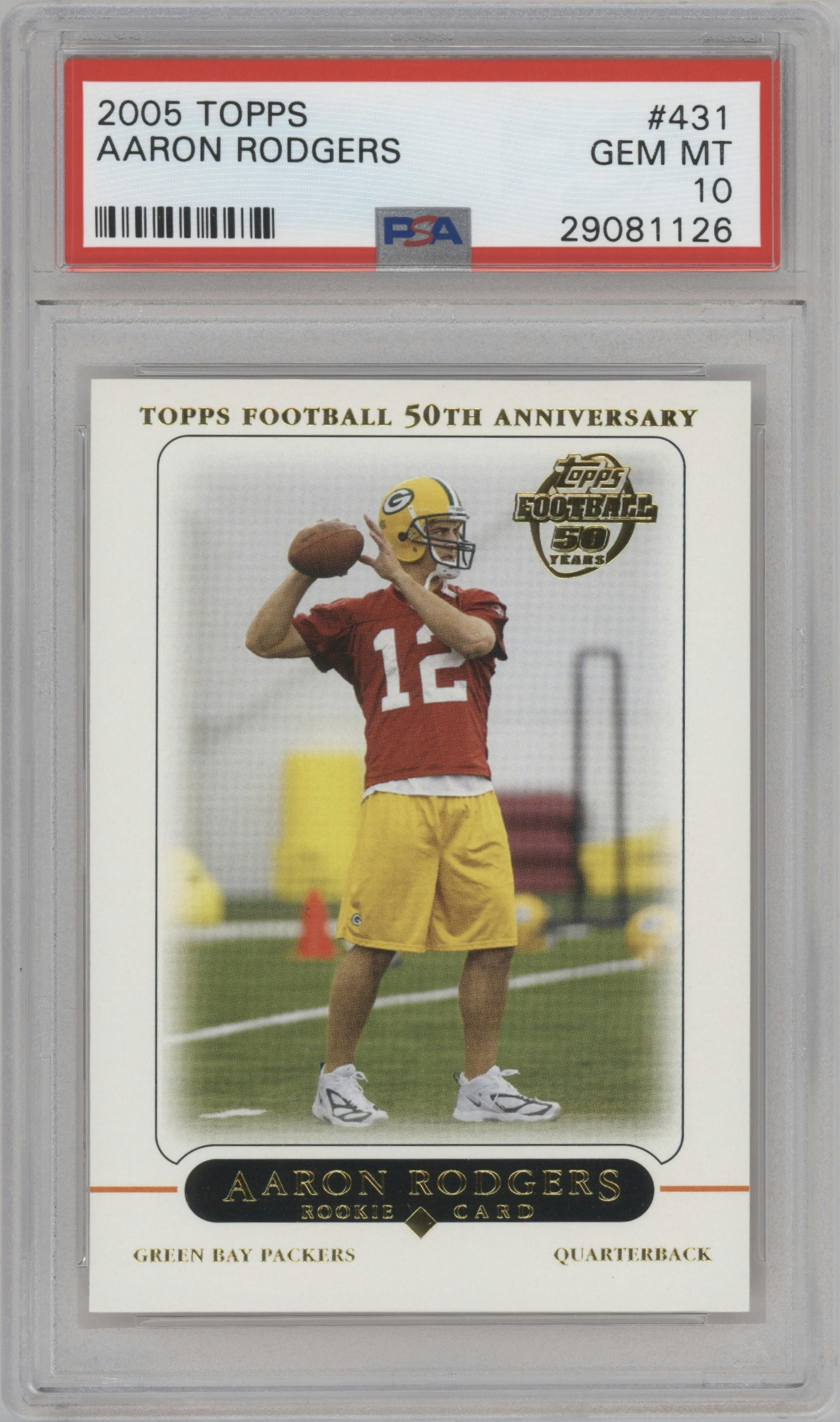 Aaron Rodgers from the 2005 Topps set graded by PSA and given an overall grade of 10.