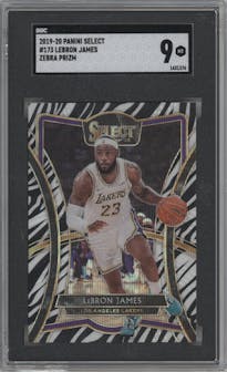 LeBron James from the 2019-20 Panini Select set featuring a Zebra Prizm parallel graded by SGC and given an overall grade of 9.