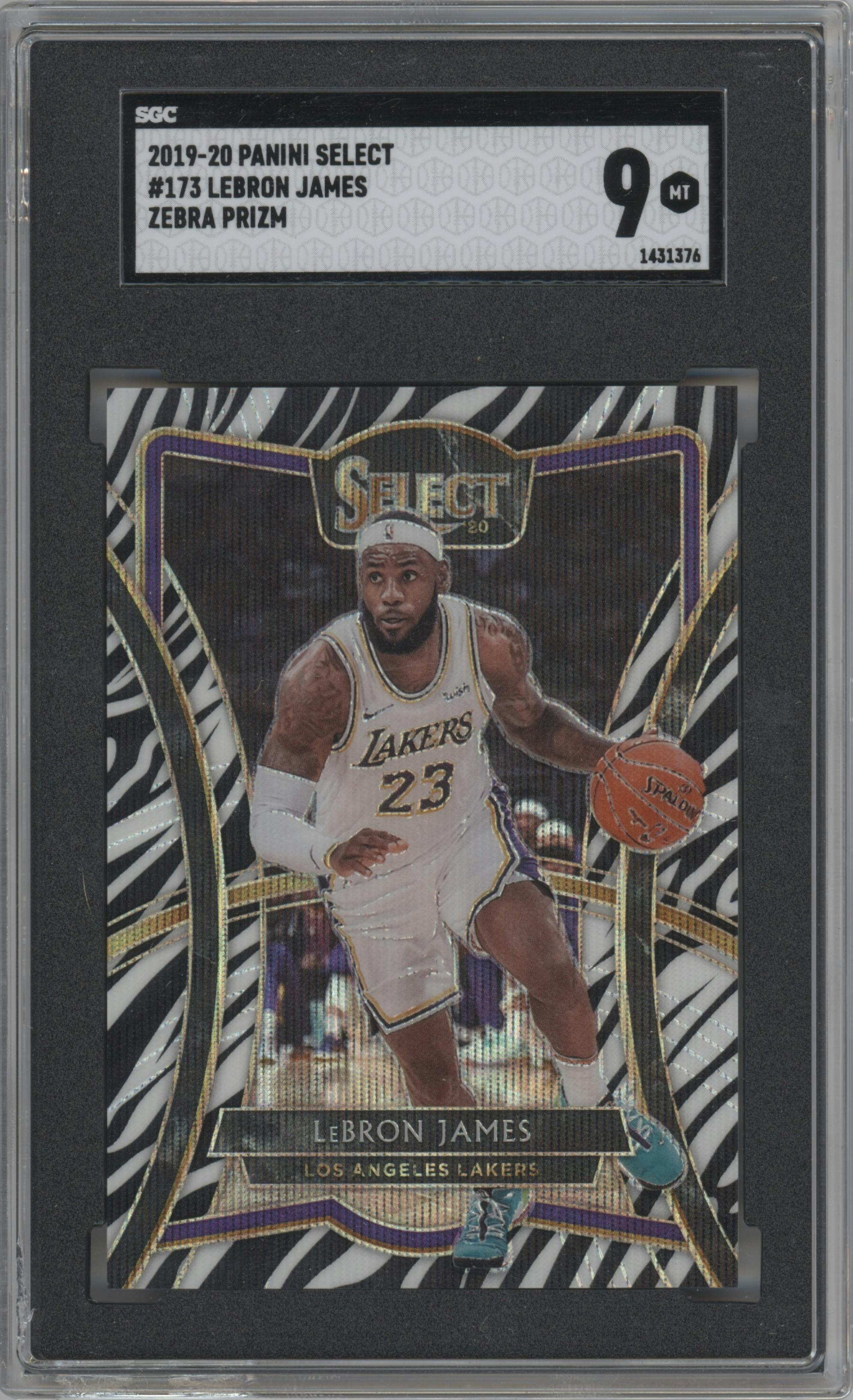 LeBron James from the 2019-20 Panini Select set featuring a Zebra Prizm parallel graded by SGC and given an overall grade of 9.