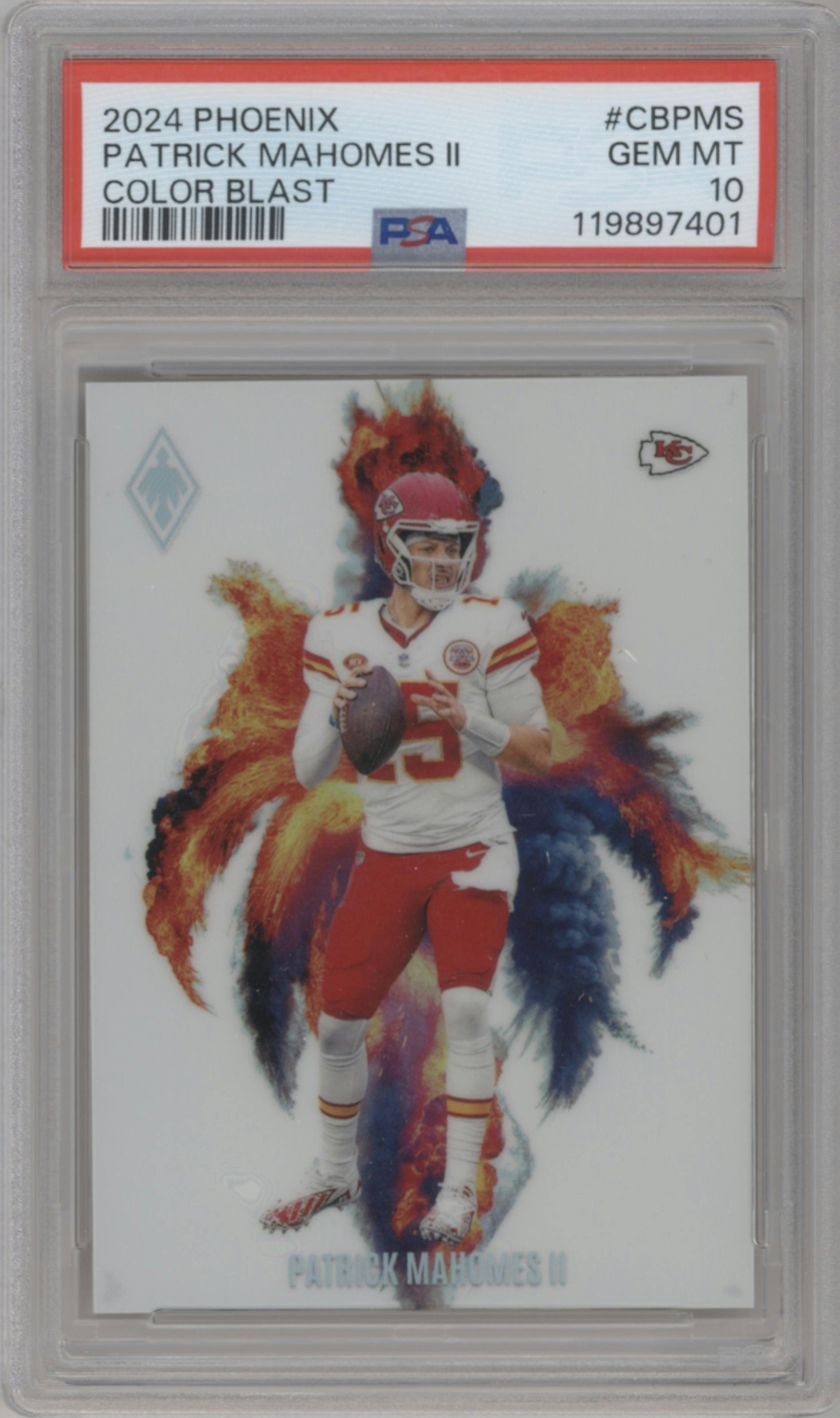 Patrick Mahomes II from the 2024 Panini Phoenix set graded by PSA and given an overall grade of 10.