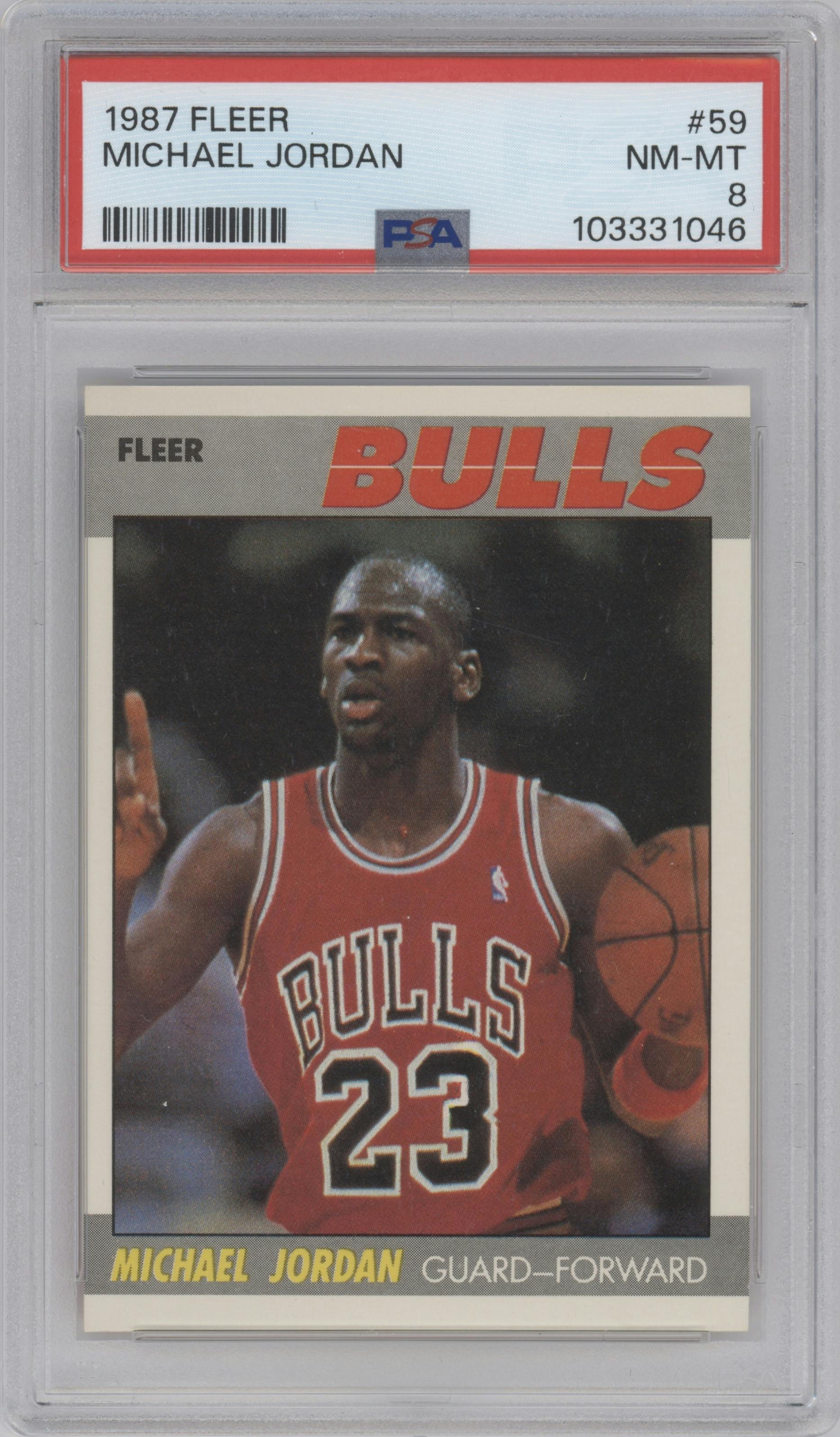 Michael Jordan from the 1987-88 Fleer set graded by PSA and given an overall grade of 8.
