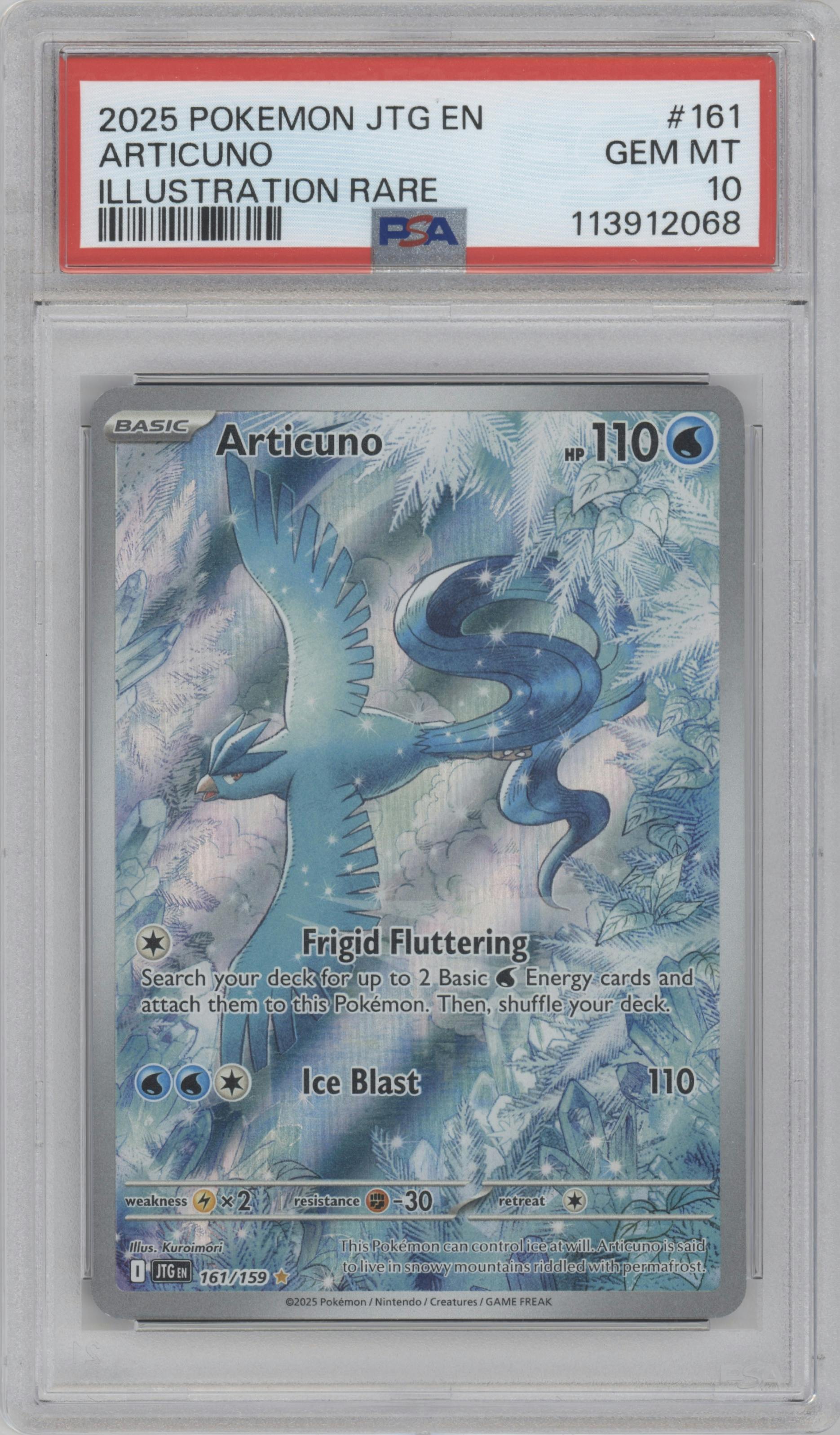 Articuno from the 2025 Pokemon SV set graded by PSA and given an overall grade of 10.