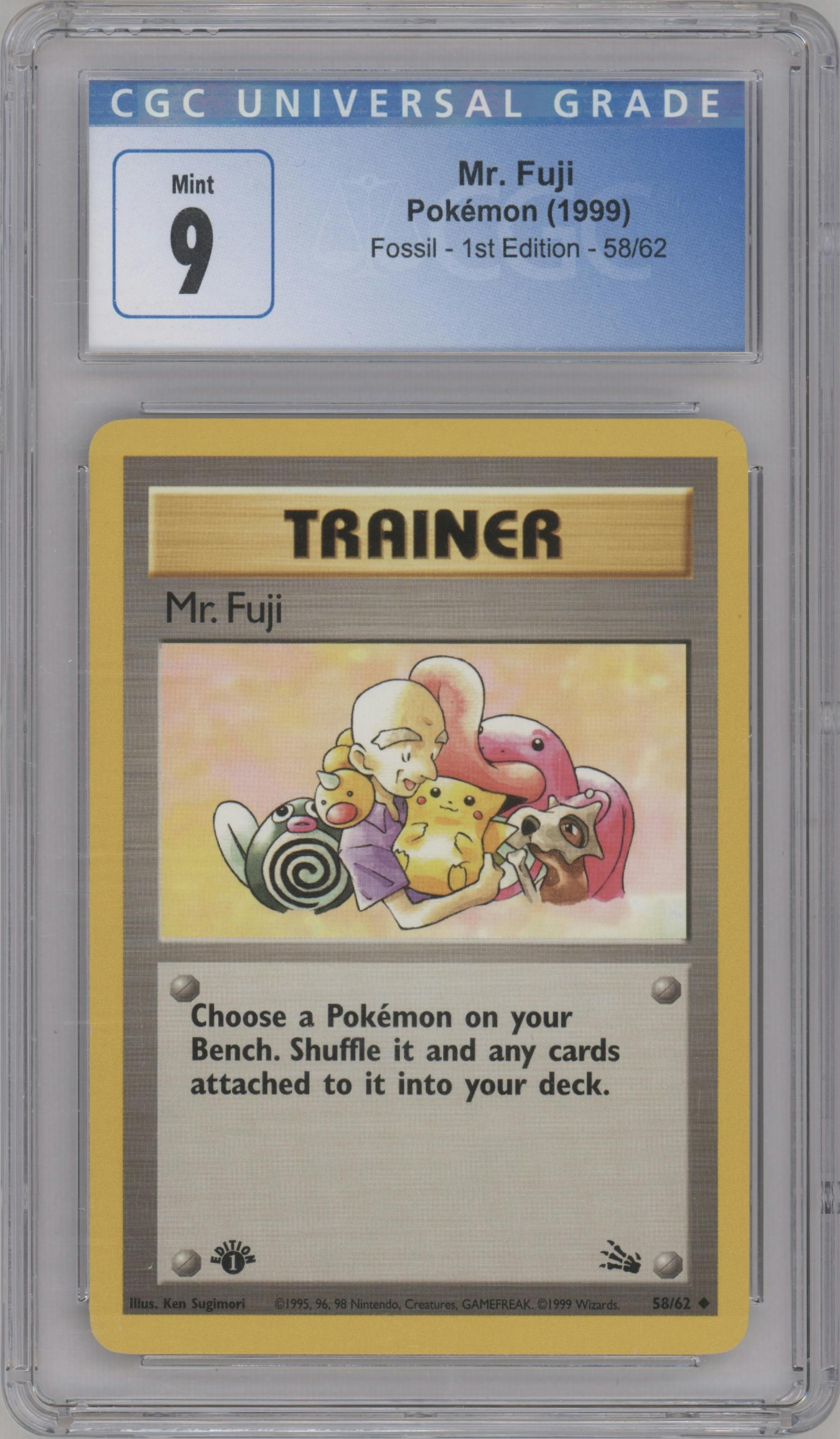 Mr. Fuji from the 1999 Pokemon set graded by CSG and given an overall grade of 9.