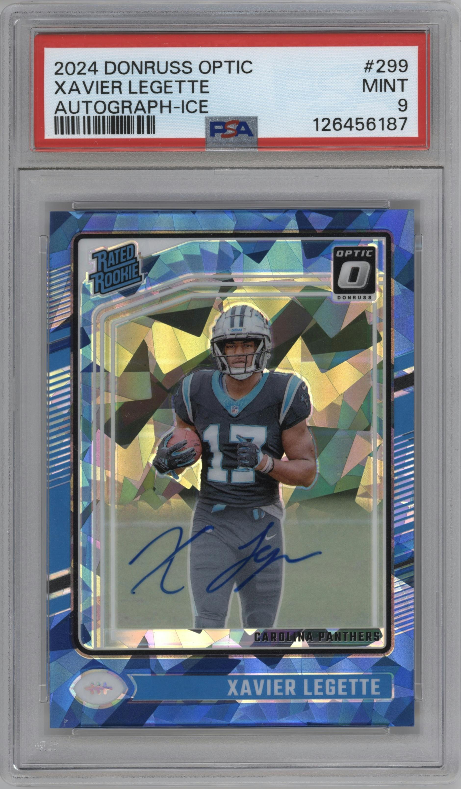 Xavier Legette from the 2024 Donruss Optic set featuring a Ice parallel graded by PSA and given an overall grade of 9.