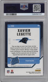 Xavier Legette from the 2024 Donruss Optic set featuring a Ice parallel graded by PSA and given an overall grade of 9.