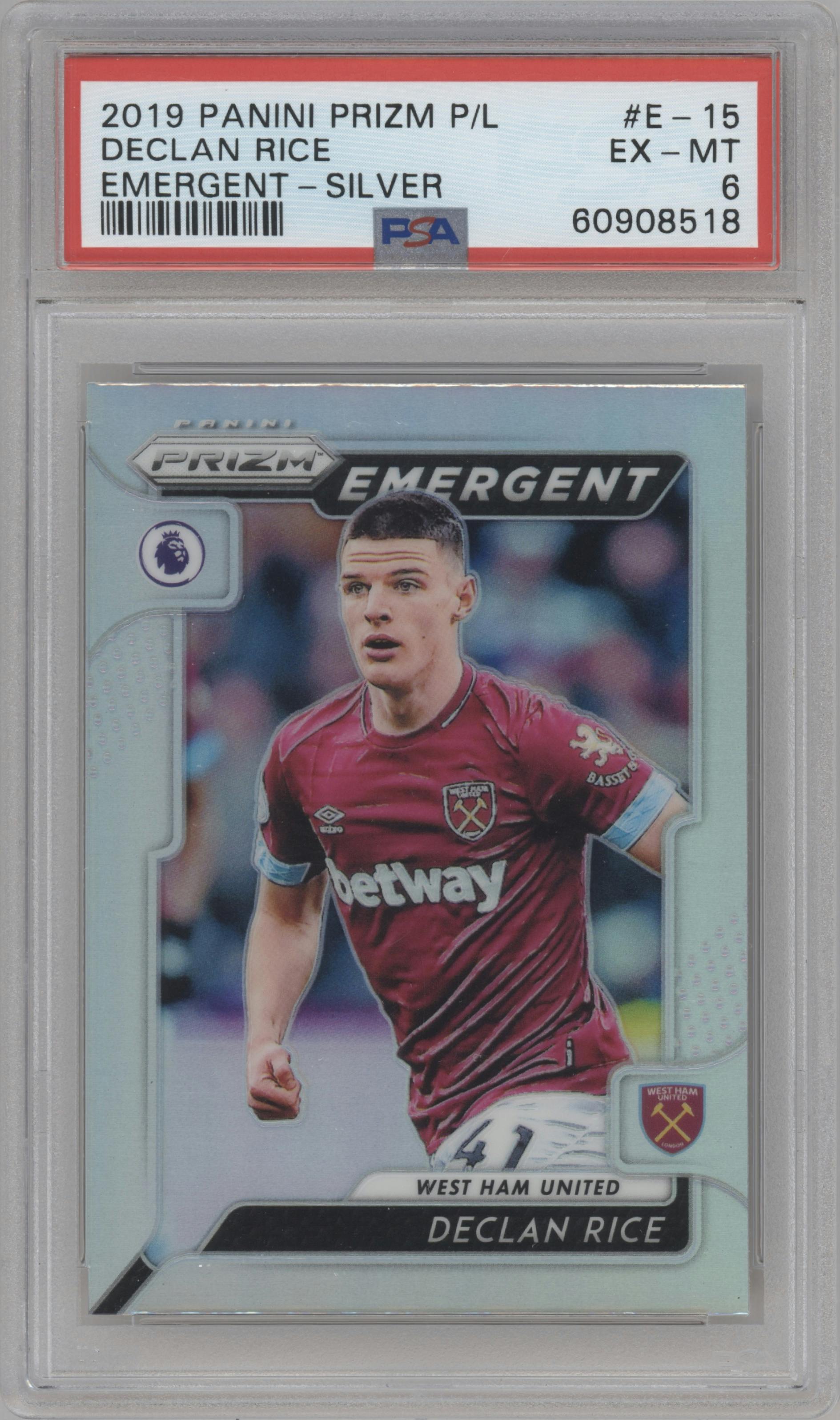 Declan Rice from the 2019-20 Panini Prizm Premier League set featuring a Silver Prizm  parallel graded by PSA and given an overall grade of 6.