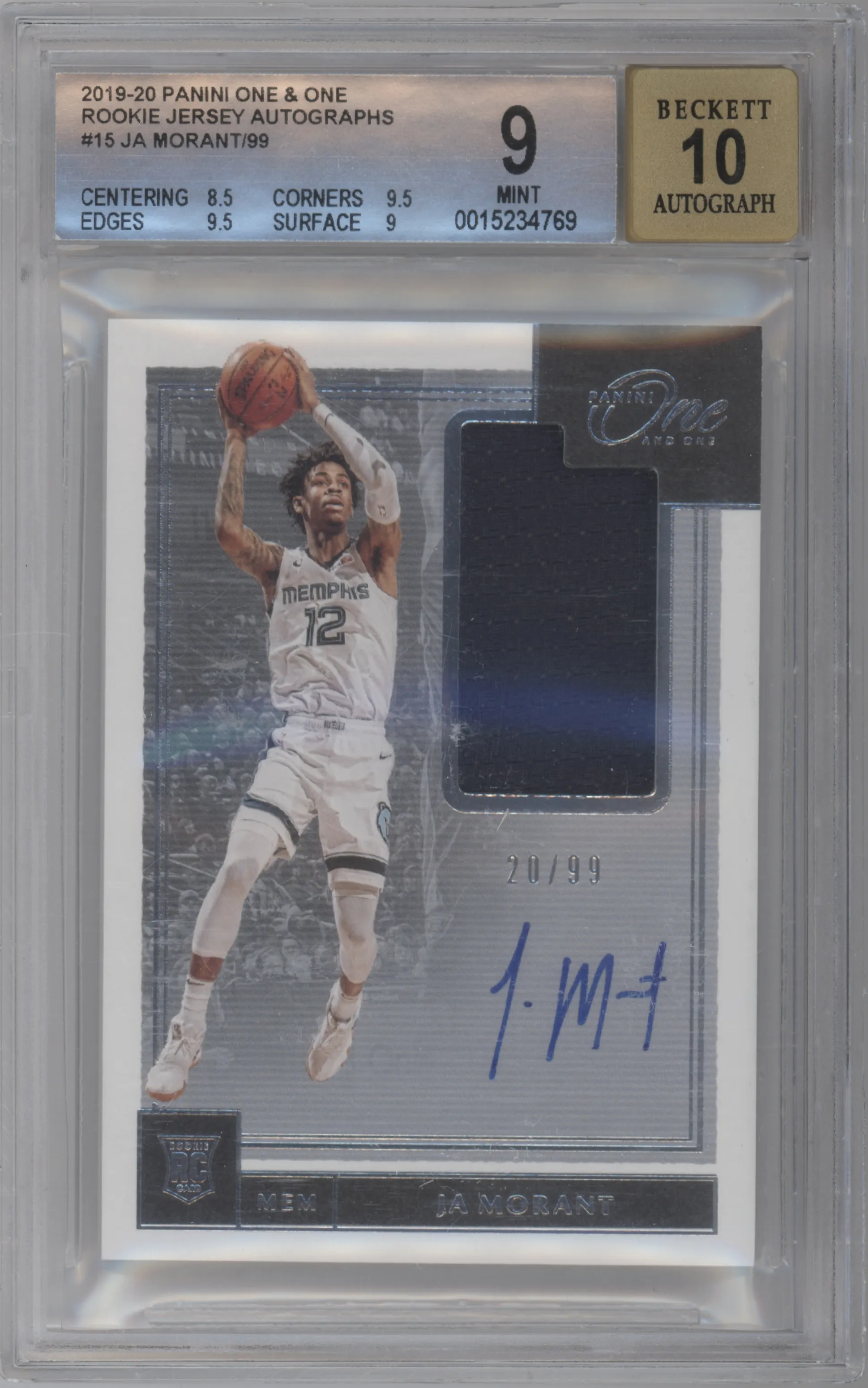 2019 Panini One and One Rke.Jersey Auto Ja Morant #RJA-JMT BGS 9
