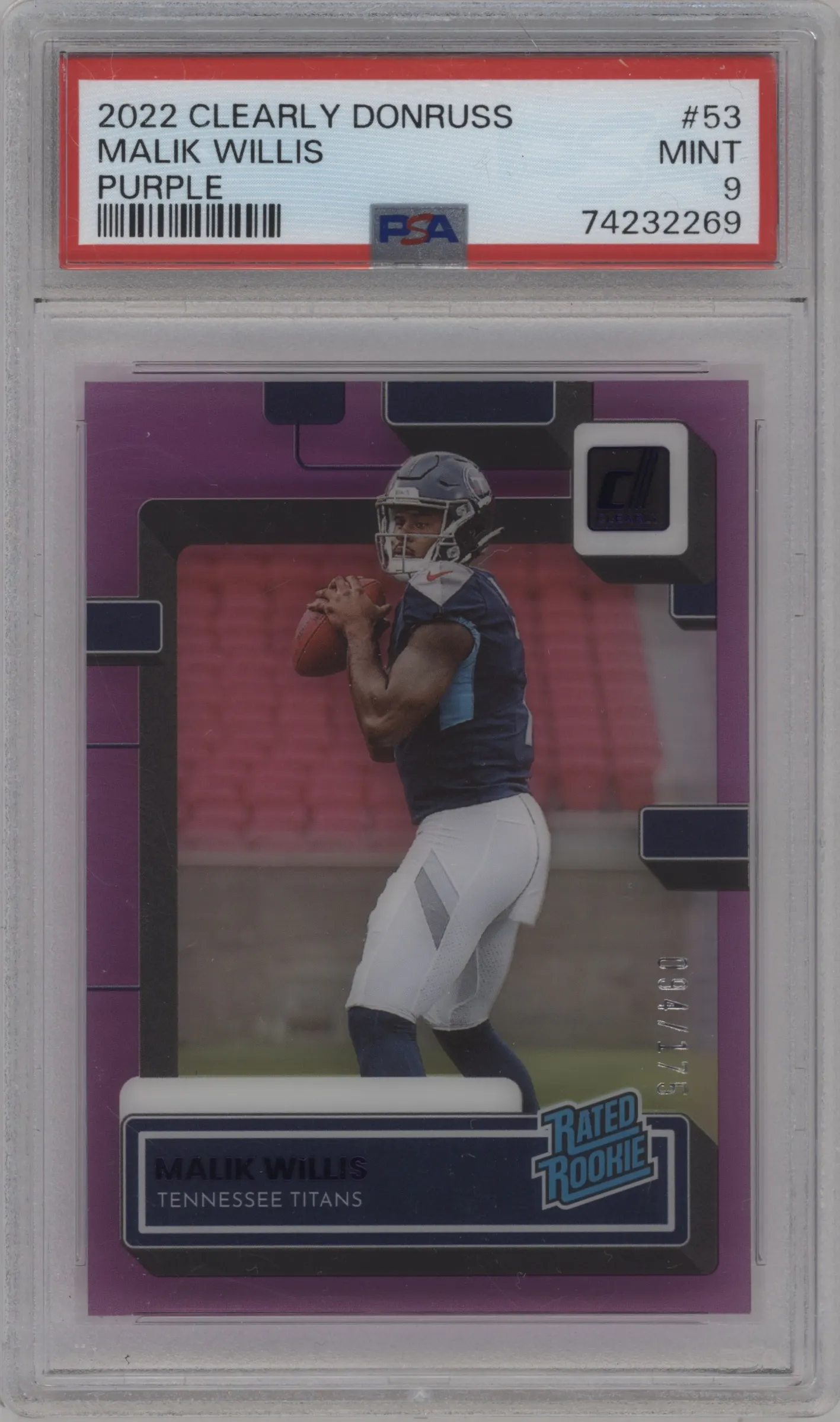 2022 Clearly Donruss Rated Rookie Malik Willis Purple #53 PSA 9
