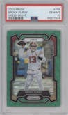 Brock Purdy from the 2023 Panini Prizm set featuring a Green Wave  parallel graded by PSA and given an overall grade of 10.