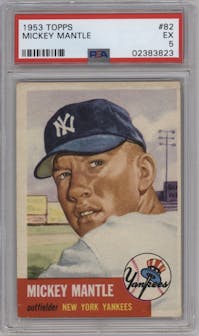 Mickey Mantle from the 1953 Topps set graded by PSA and given an overall grade of 5.