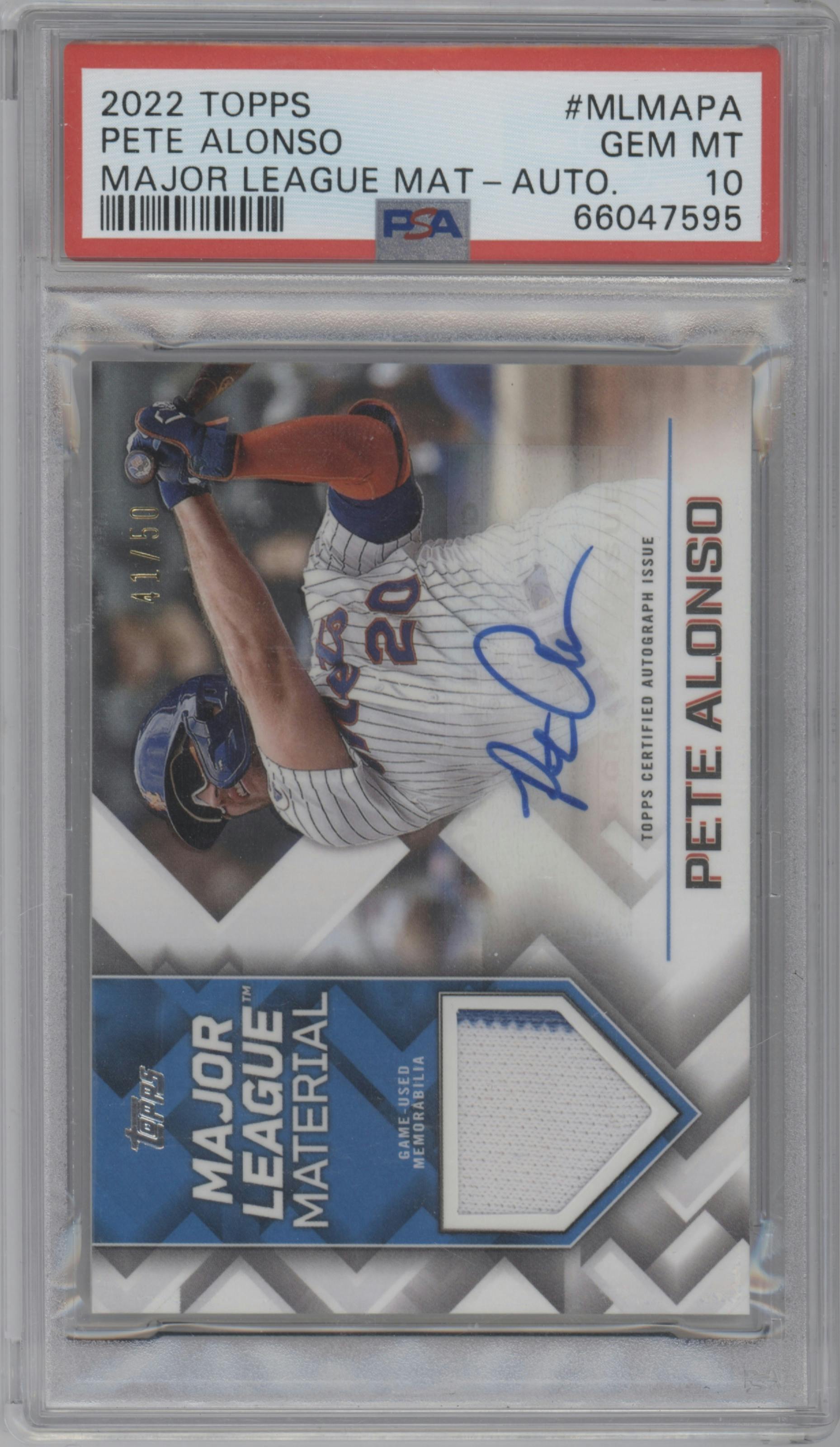 Pete Alonso from the 2022 Topps  Series 1 set graded by PSA and given an overall grade of 10.