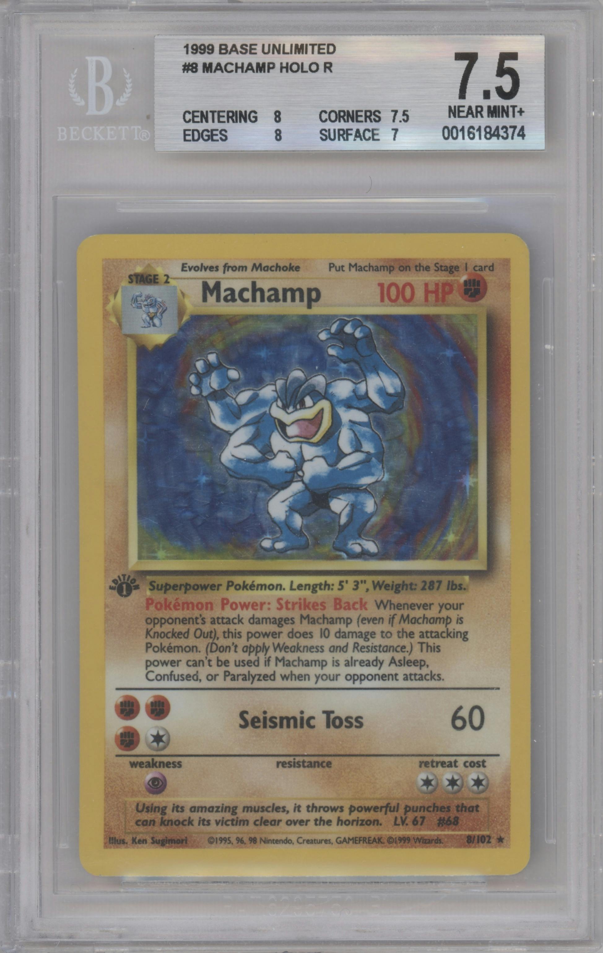 Machamp from the 1999 Pokemon set graded by Beckett and given an overall grade of 7.5.