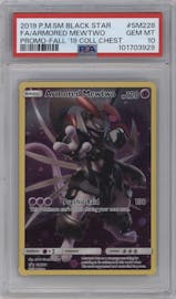 Armored Mewtwo from the 2019 Pokemon S&M  set featuring a 2019 Fall Collectors Chest parallel graded by PSA and given an overall grade of 10.