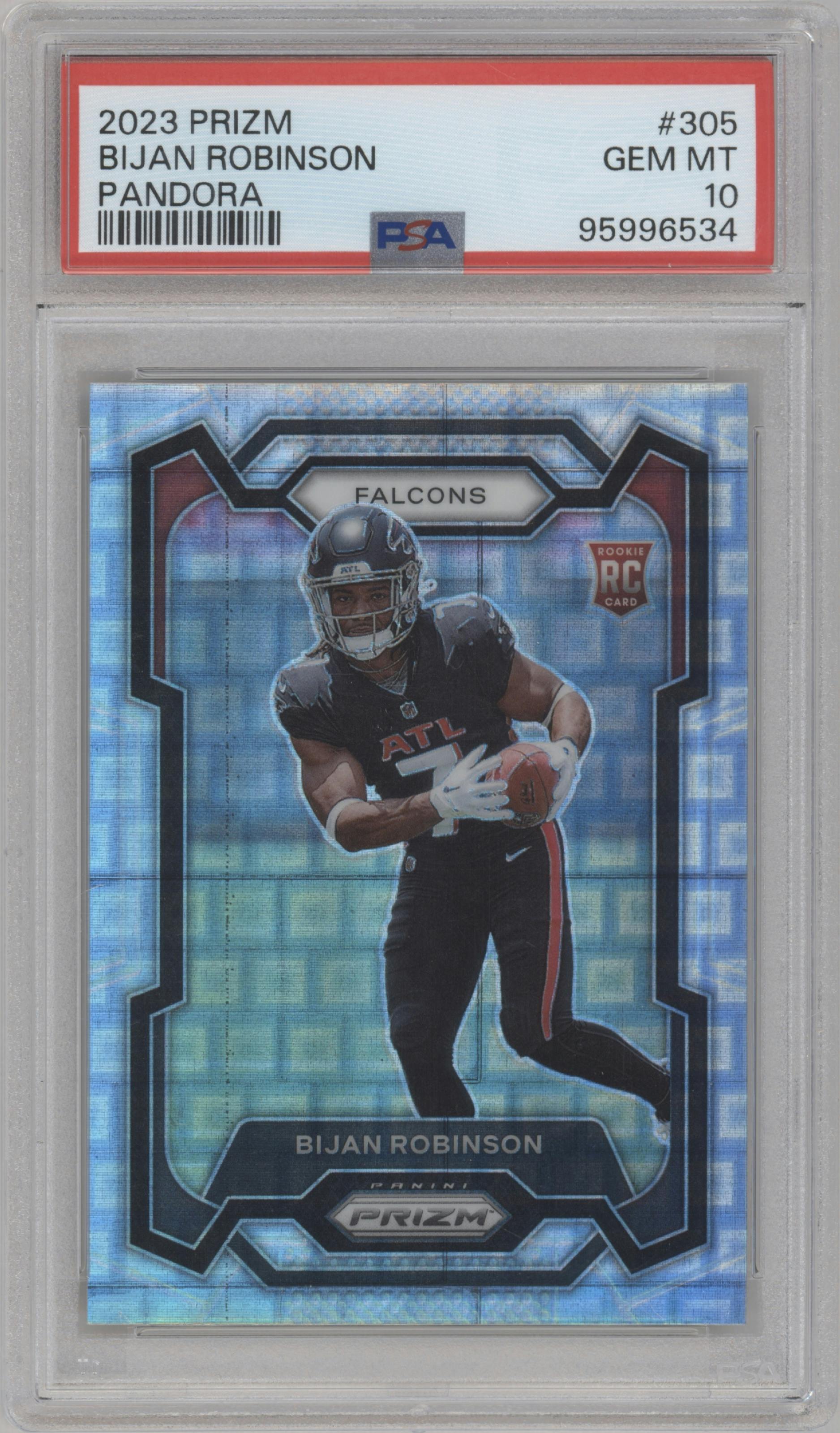 Bijan Robinson from the 2023 Panini Prizm set featuring a Pandora parallel graded by PSA and given an overall grade of 10.
