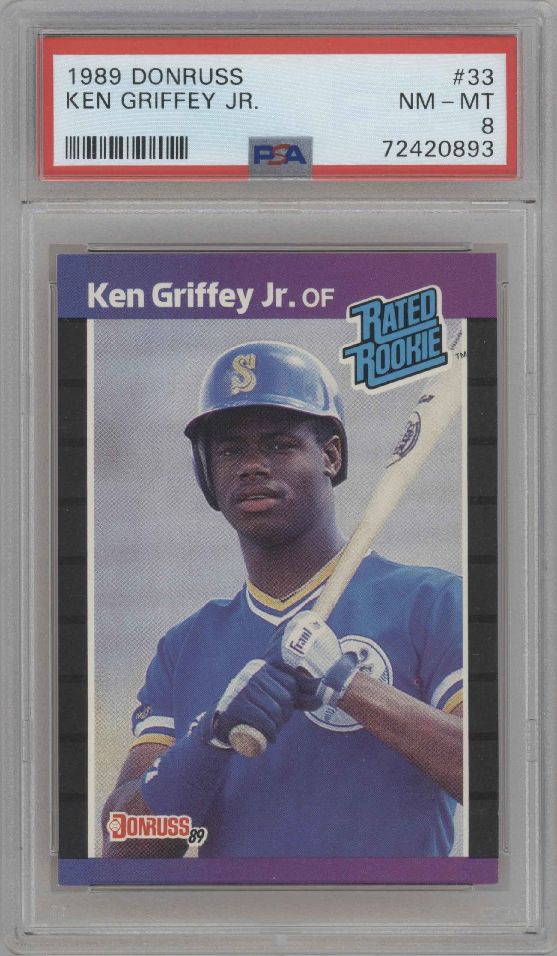 Ken Griffey Jr. from the 1989 Donruss set graded by PSA and given an overall grade of 8.