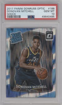 Donovan Mitchell from the 2017-18 Panini Donruss Optic set featuring a Shock parallel graded by PSA and given an overall grade of 10.