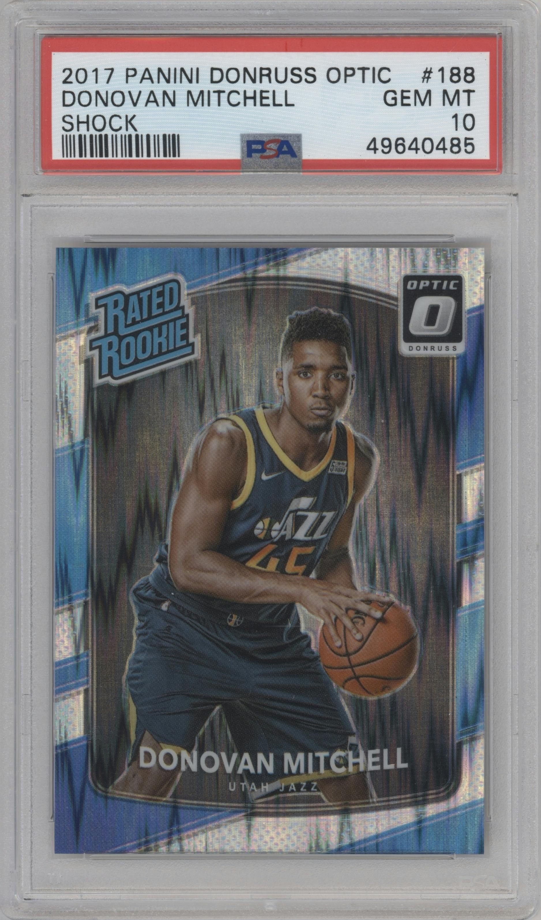 Donovan Mitchell from the 2017-18 Panini Donruss Optic set featuring a Shock parallel graded by PSA and given an overall grade of 10.