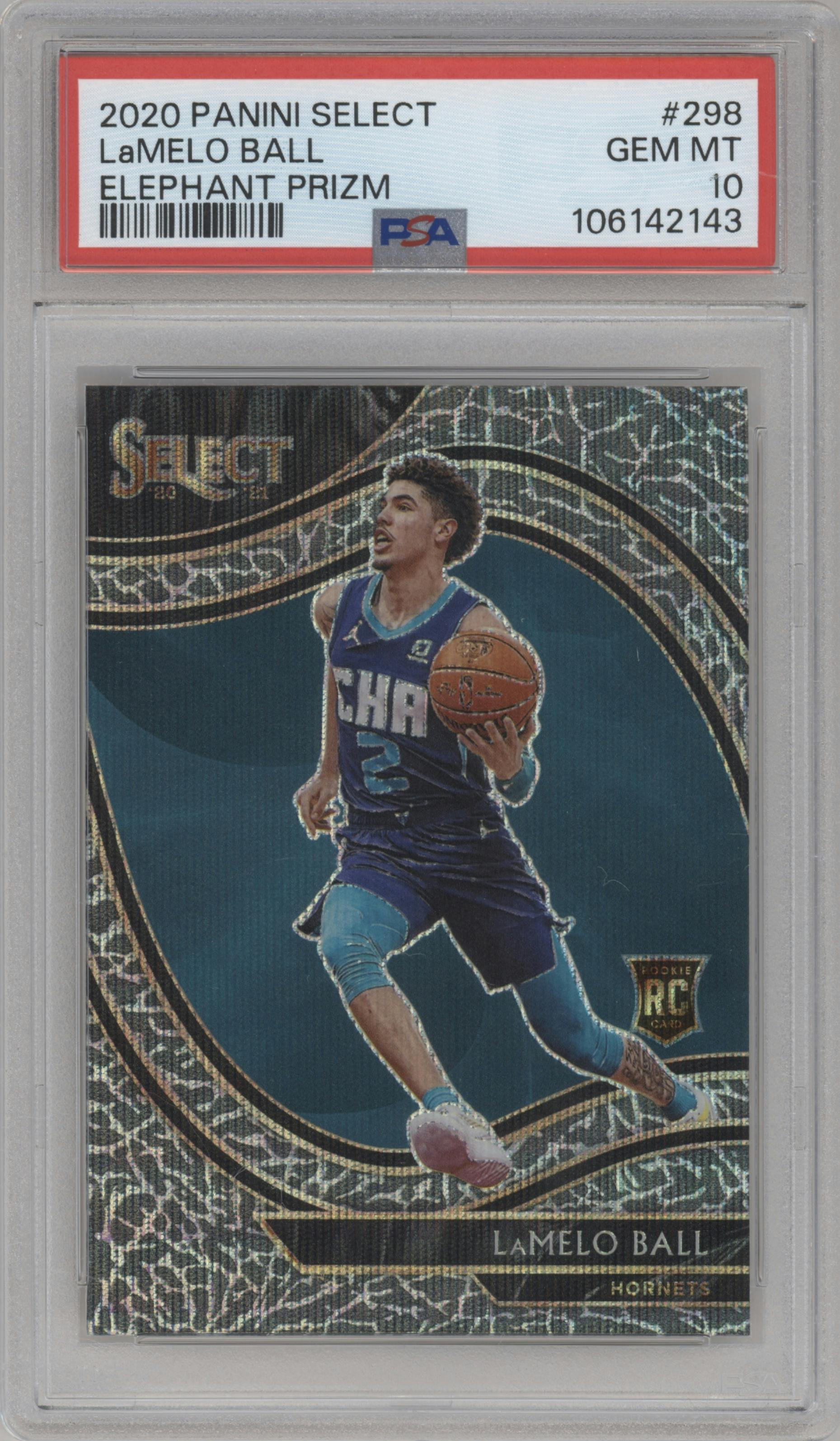 LaMelo Ball from the 2020-21 Panini Select  set featuring a Elephant parallel graded by PSA and given an overall grade of 10.
