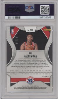 Rui Hachimura from the 2019-20 Panini Prizm set featuring a Fast Break Purple parallel graded by PSA and given an overall grade of 10.