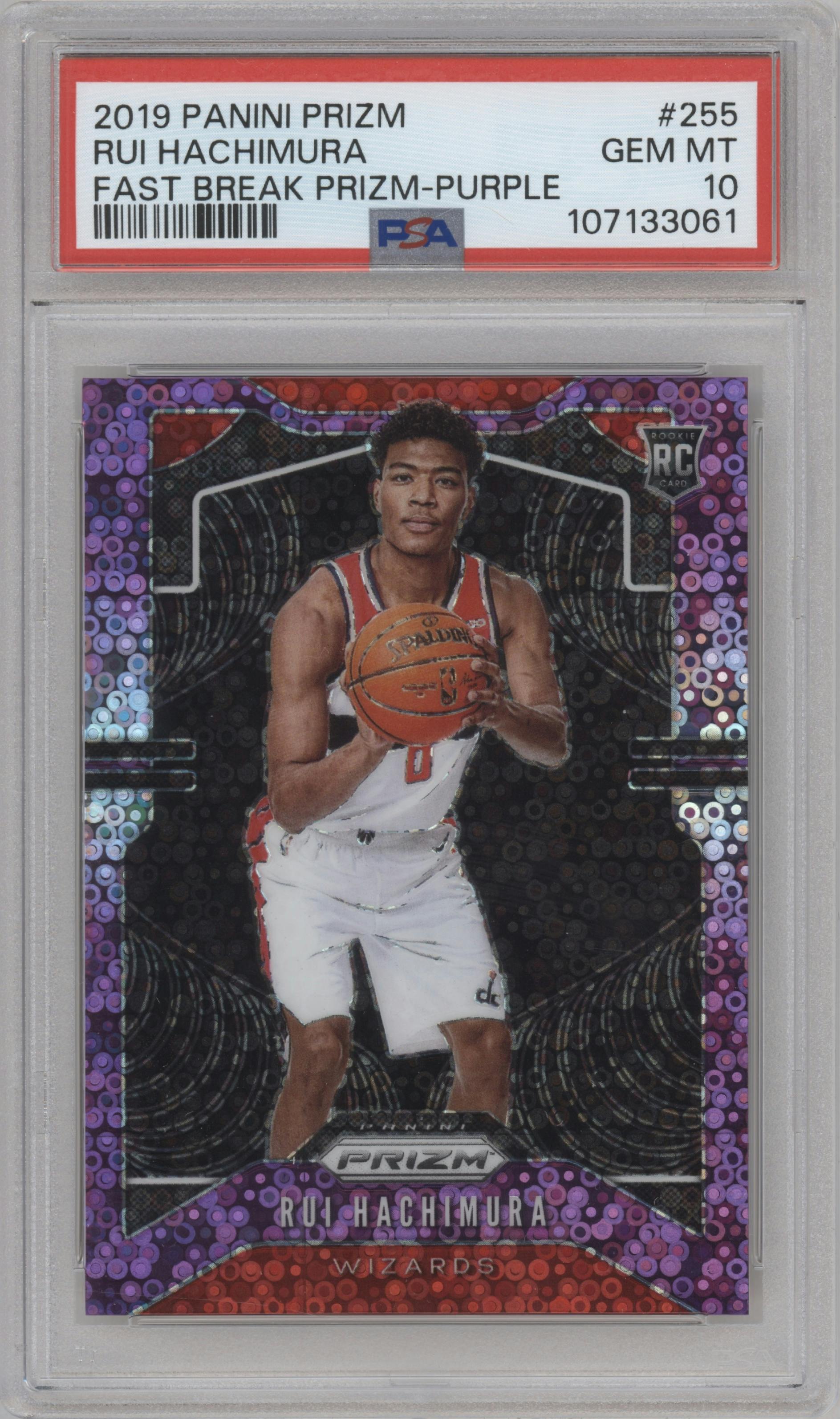 Rui Hachimura from the 2019-20 Panini Prizm set featuring a Fast Break Purple parallel graded by PSA and given an overall grade of 10.