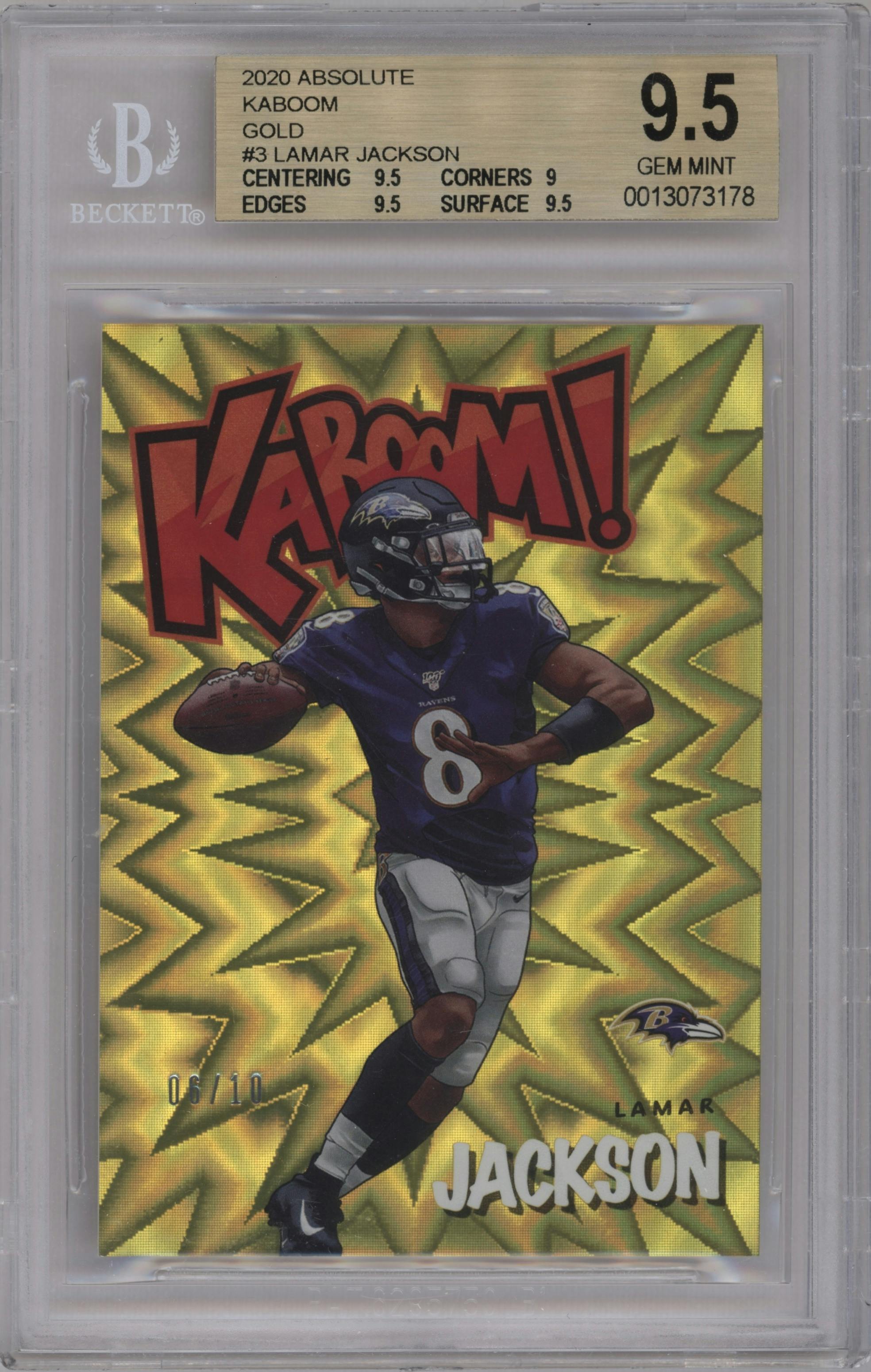 Lamar Jackson from the 2020 Panini Absolute set featuring a Gold parallel graded by Beckett and given an overall grade of 9.5.