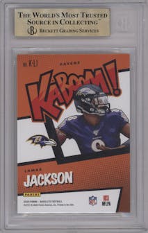 Lamar Jackson from the 2020 Panini Absolute set featuring a Gold parallel graded by Beckett and given an overall grade of 9.5.