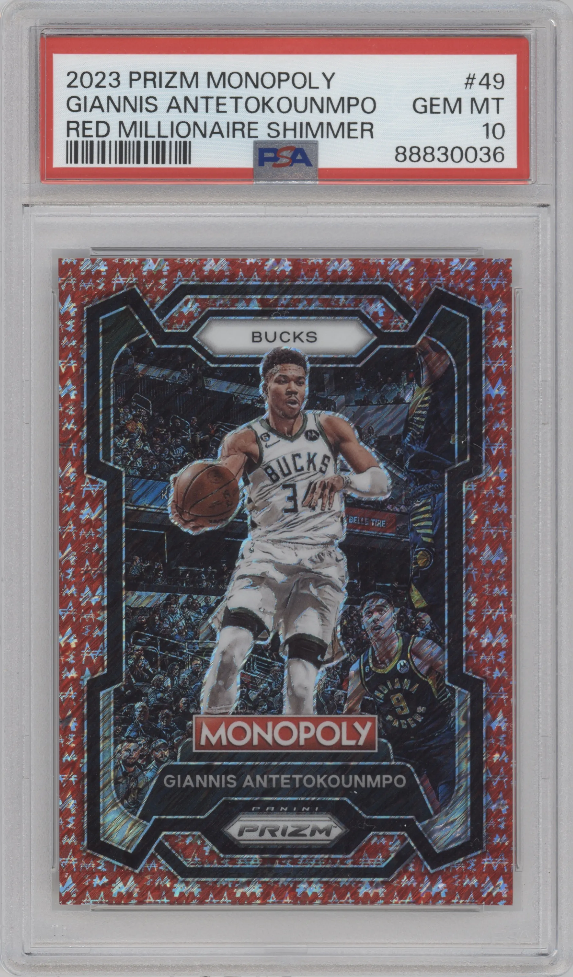 2023 Panini Prizm Monopoly Giannis Antetokounmpo Red Millionaire Shimmer #49 PSA 10