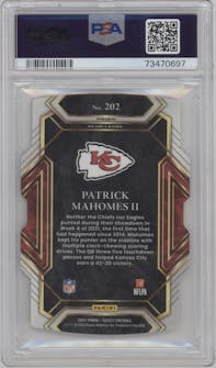 Patrick Mahomes II  from the 2021 Panini Select set featuring a Die-Cut Zebra parallel graded by PSA and given an overall grade of 10.
