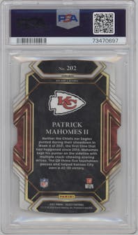 Patrick Mahomes II  from the 2021 Panini Select set featuring a Die-Cut Zebra parallel graded by PSA and given an overall grade of 10.