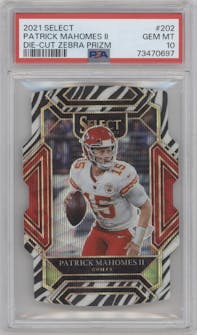 Patrick Mahomes II  from the 2021 Panini Select set featuring a Die-Cut Zebra parallel graded by PSA and given an overall grade of 10.