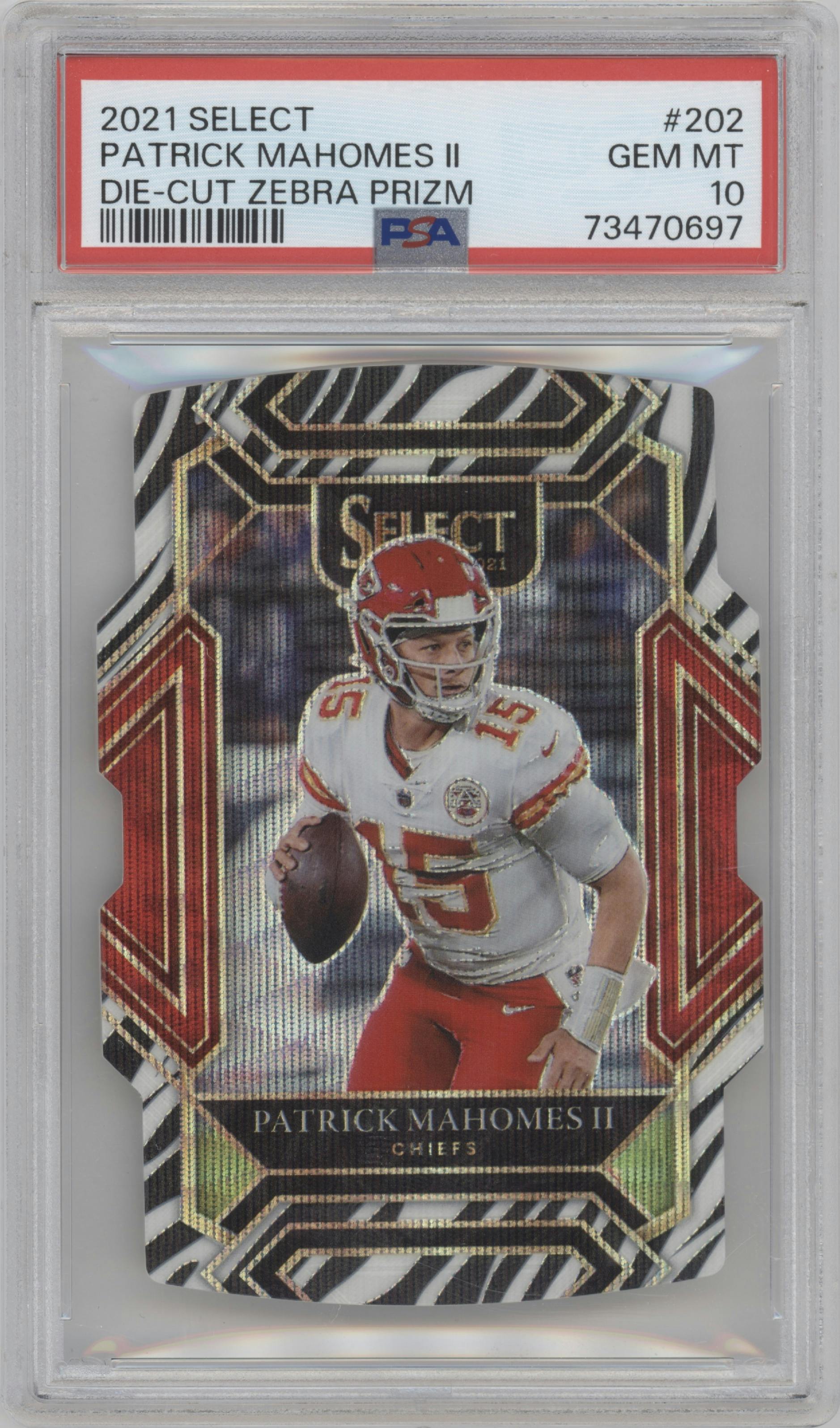 Patrick Mahomes II  from the 2021 Panini Select set featuring a Die-Cut Zebra parallel graded by PSA and given an overall grade of 10.