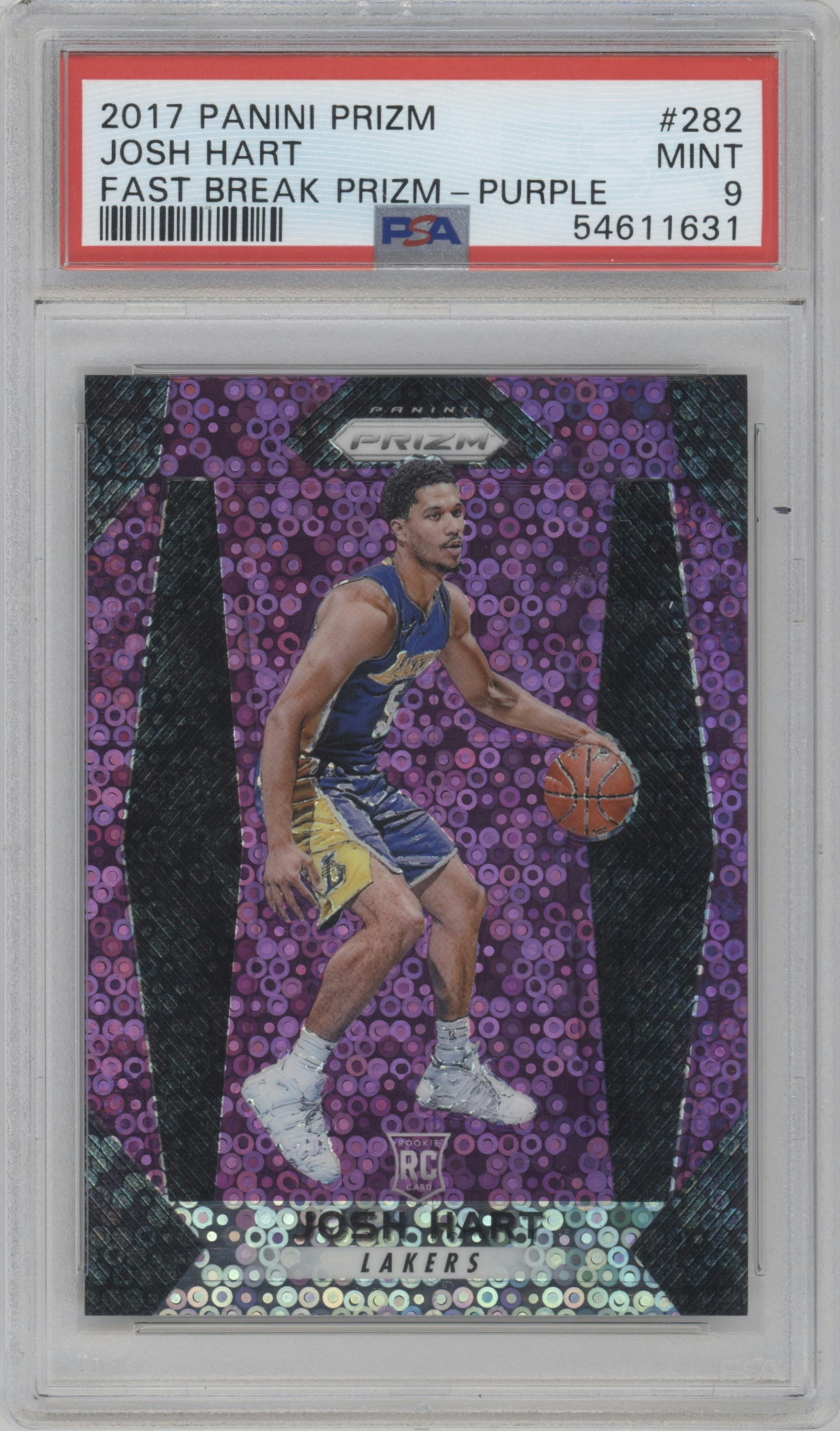 Josh Hart from the 2017-18 Panini Prizm  set featuring a Fast Break Purple parallel graded by PSA and given an overall grade of 9.