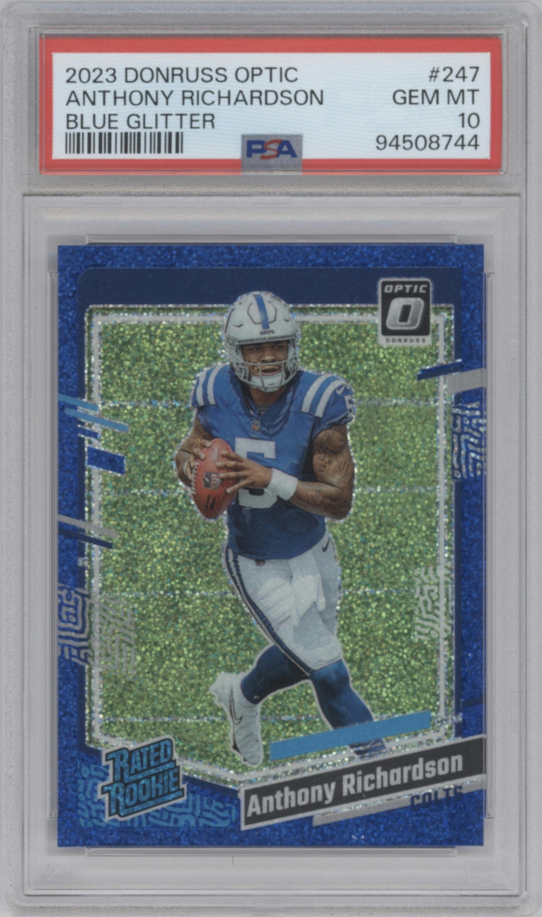 Anthony Richardson from the 2023 Donruss Optic set featuring a Blue Glitter parallel graded by PSA and given an overall grade of 10.