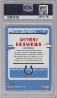 Anthony Richardson from the 2023 Donruss Optic set featuring a Blue Glitter parallel graded by PSA and given an overall grade of 10.