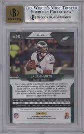 Jalen Hurts from the 2020 Panini Prizm set featuring a Gold Vinyl parallel graded by Beckett and given an overall grade of 9.
