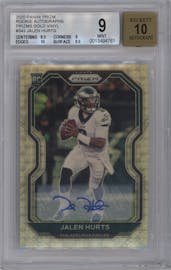 Jalen Hurts from the 2020 Panini Prizm set featuring a Gold Vinyl parallel graded by Beckett and given an overall grade of 9.